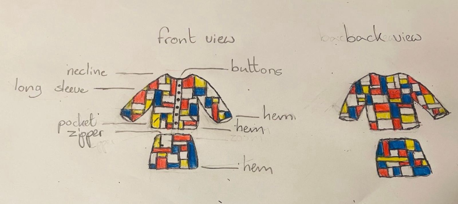 Riley's first Moon Art design: a patchwork jacket and skirt, front and back views